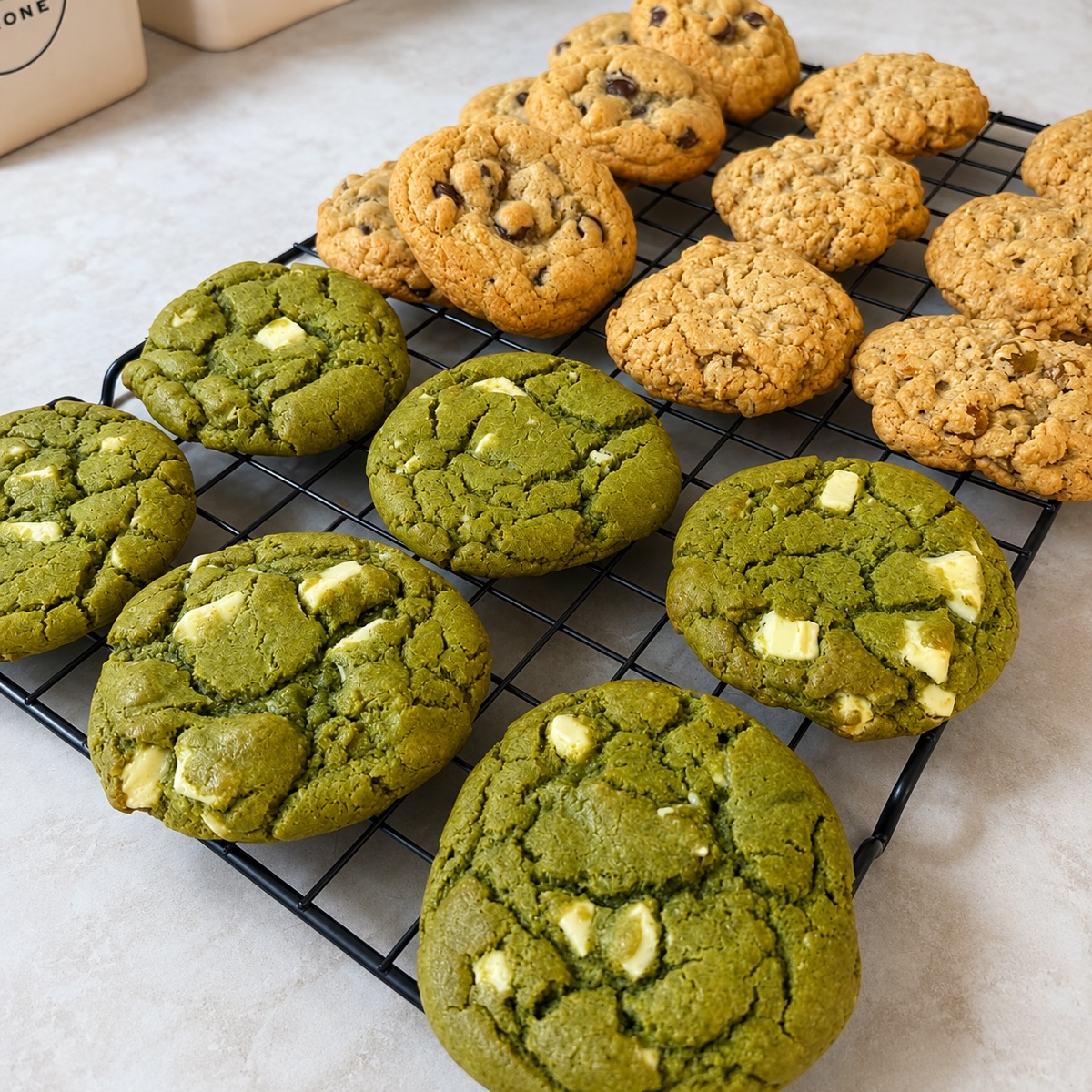 Freshly baked Libby’s chocolate chip, matcha white chocolate and oatmeal cookies